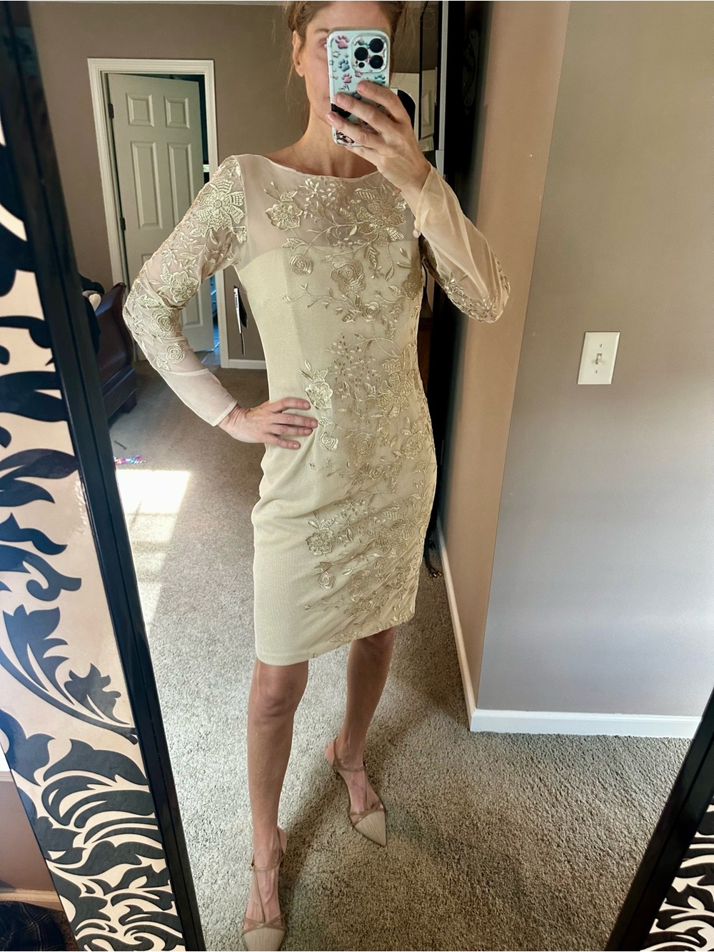 Embellished Sheer-Sleeve Cocktail Dress in nude